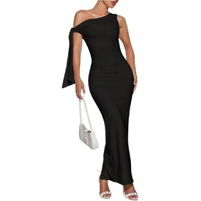 SOLY HUX Women's Off The Shoudler Bodycon Maxi Dress Asymmetrical Neck Bow Tie Cocktail Party Long Dresses in Saudi Arabia