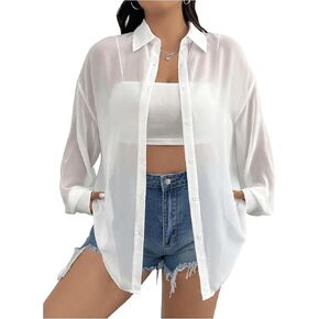 Milumia Women Plus Size Sheer Long Sleeve Button Down Shirt See Through Blouse Tops in Saudi Arabia