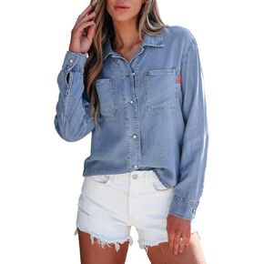 قمصان الدنيم النسائية الجانبية للنساء أسفل جين شاكيت سبينت زي 2025 Long Sleeve Chambray Blouse Top in Kuwait