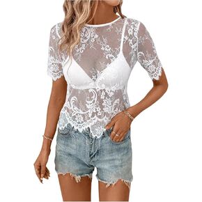 SweatyRocks Women's Floral Lace Sheer See Through Blouse Short Sleeve Crewneck Scallop Trim Shirts Tops in Kuwait