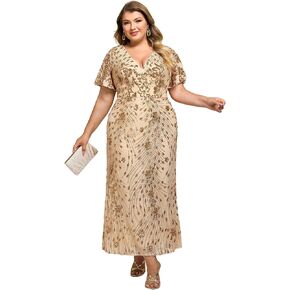 Ever-Pretty Plus Women's V Neck Short Sleeves Bodycon Sequin Maxi Plus Size Formal Dresses in Kuwait