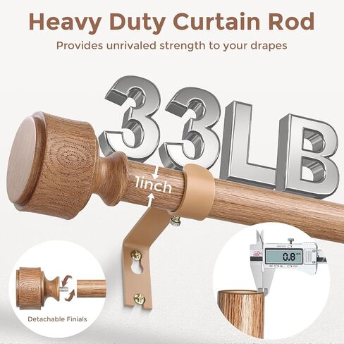 Wood Curtain Rods for Windows 48 to 84 Inch, Adjustable Decorative 1'' Heavy Duty Boho Curtain Rod with Modern Wooden Grain Annual Ring Finials, Vintage Rustic Farmhouse Bedroom Drapery Pole in Kuwait