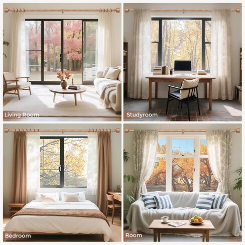 Wood Curtain Rods for Windows 48 to 84 Inch, Adjustable Decorative 1'' Heavy Duty Boho Curtain Rod with Modern Wooden Grain Annual Ring Finials, Vintage Rustic Farmhouse Bedroom Drapery Pole in Kuwait