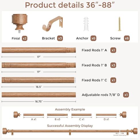 Wood Curtain Rods for Windows 48 to 84 Inch, Adjustable Decorative 1'' Heavy Duty Boho Curtain Rod with Modern Wooden Grain Annual Ring Finials, Vintage Rustic Farmhouse Bedroom Drapery Pole in Kuwait