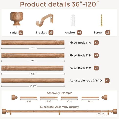 Wood Curtain Rods for Windows 48 to 84 Inch, Adjustable Decorative 1'' Heavy Duty Boho Curtain Rod with Modern Wooden Grain Annual Ring Finials, Vintage Rustic Farmhouse Bedroom Drapery Pole in Kuwait