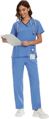 niaahinn Scrub for Women Set Y-neck Scrub Top & Cargo Pants, Breathable, Quick Drying in Kuwait
