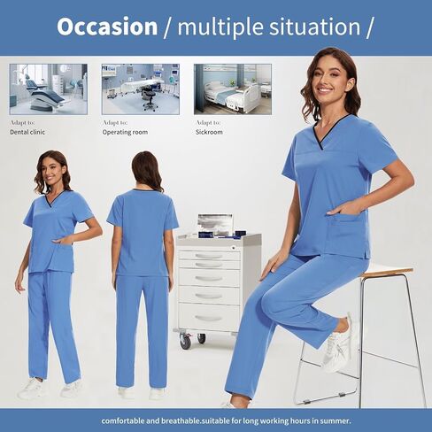 niaahinn Scrub for Women Set Y-neck Scrub Top & Cargo Pants, Breathable, Quick Drying in Kuwait