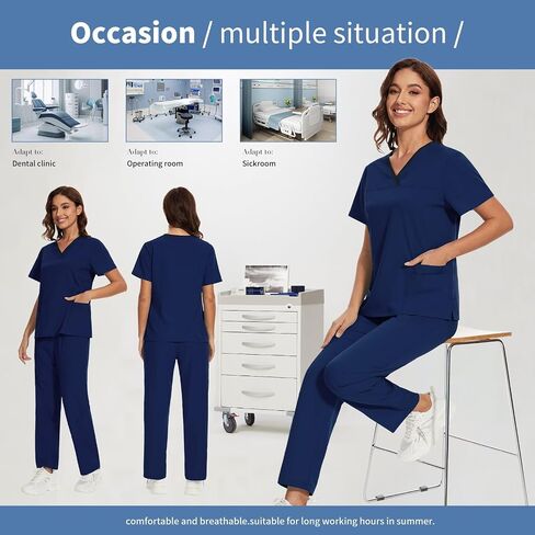 niaahinn Scrub for Women Set Y-neck Scrub Top & Cargo Pants, Breathable, Quick Drying in Kuwait