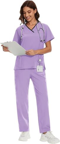 niaahinn Scrub for Women Set Y-neck Scrub Top & Cargo Pants, Breathable, Quick Drying in Kuwait
