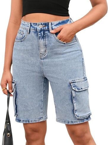 Women's Demin Cargo Shorts High Waisted Straight Leg Casual Jean Bermuda Shorts with Pockets in Saudi Arabia