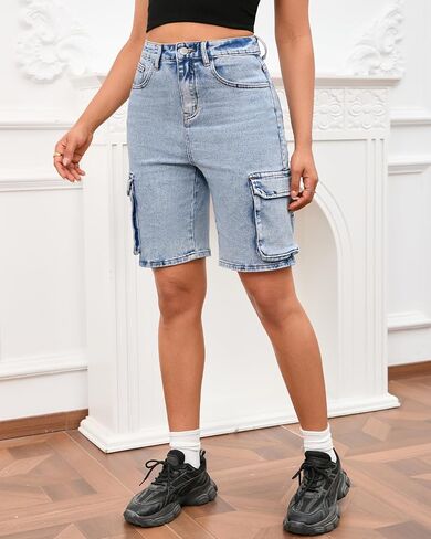 Women's Demin Cargo Shorts High Waisted Straight Leg Casual Jean Bermuda Shorts with Pockets in Saudi Arabia