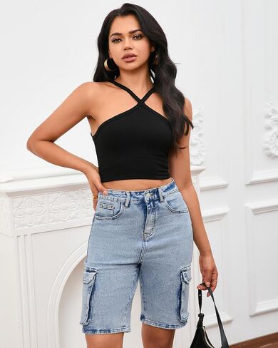 Women's Demin Cargo Shorts High Waisted Straight Leg Casual Jean Bermuda Shorts with Pockets in Saudi Arabia