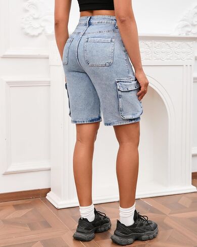 Women's Demin Cargo Shorts High Waisted Straight Leg Casual Jean Bermuda Shorts with Pockets in Saudi Arabia