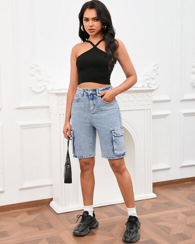 Women's Demin Cargo Shorts High Waisted Straight Leg Casual Jean Bermuda Shorts with Pockets in Saudi Arabia