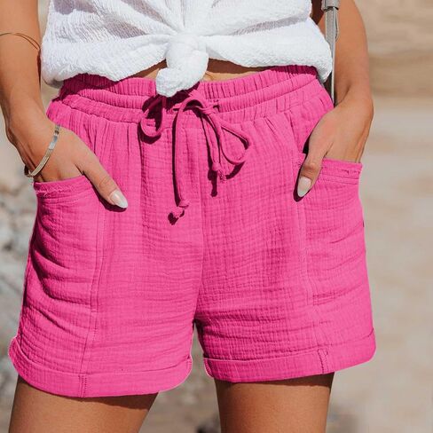 Linen Shorts for Women High Waisted Elastic Waist Summer Short Wide Leg Lightweight Lounge Shorts with Pockets in Kuwait