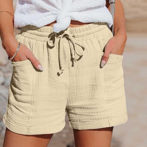 Linen Shorts for Women High Waisted Elastic Waist Summer Short Wide Leg Lightweight Lounge Shorts with Pockets in Kuwait