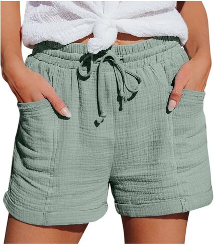 Linen Shorts for Women High Waisted Elastic Waist Summer Short Wide Leg Lightweight Lounge Shorts with Pockets in Kuwait