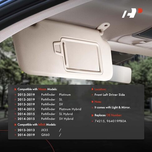 A-Premium Driver Left Side Sun Visor Compatible with Nissan Pathfinder & Infiniti QX60, JX35, 2013-2019 - with Vanity Mirror, with Vanity Light, with Sliding Sun Visor Extension, Beige in Saudi Arabia