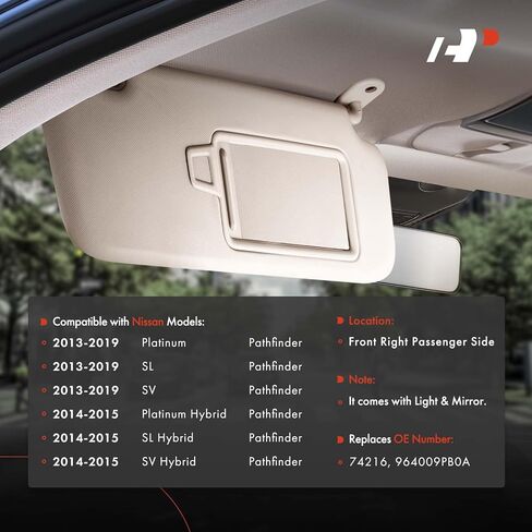 A-Premium Driver Left Side Sun Visor Compatible with Nissan Pathfinder & Infiniti QX60, JX35, 2013-2019 - with Vanity Mirror, with Vanity Light, with Sliding Sun Visor Extension, Beige in Saudi Arabia