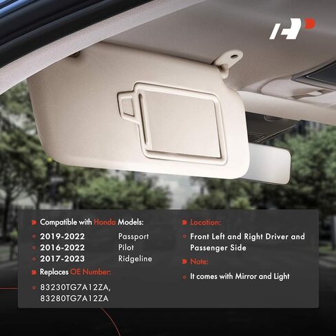 A-Premium Driver & Passenger Sun Visor Compatible with Honda Pilot 2016-2022, Ridgeline 2017-2023, Passport 2019-2022 - with Vanity Mirror, with Vanity Light, Beige Color - Replaces 83230TG7A12ZA in Kuwait