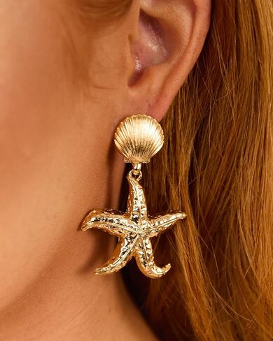 أقراط ذهبية مكتنزة للنساء العصرية 14K الذهب مطلي بالماء بيان النجوم إسقاط قطرة متدلية الأقطاب Hypoallergenic الصدف الصوري الشاطئ in Kuwait