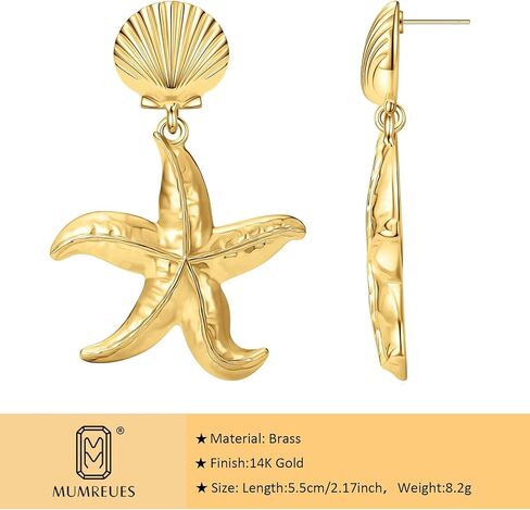 أقراط ذهبية مكتنزة للنساء العصرية 14K الذهب مطلي بالماء بيان النجوم إسقاط قطرة متدلية الأقطاب Hypoallergenic الصدف الصوري الشاطئ in Kuwait