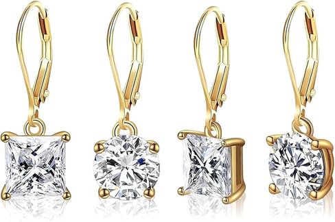 Gemsme Leverback Drop & Dangle Earrings Set | Gold Hypoallergenic Princess and Round Cut Cubic Zirconia Drop Dangle Earrings for Women & Mom in Saudi Arabia