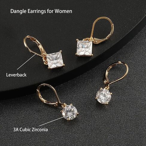 Gemsme Leverback Drop & Dangle Earrings Set | Gold Hypoallergenic Princess and Round Cut Cubic Zirconia Drop Dangle Earrings for Women & Mom in Saudi Arabia