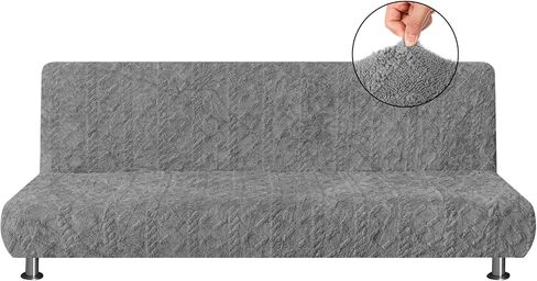 Armless Futon Cover Geometric Jacquard Plush Cover Stretch Sofa Bed Slipcover Furniture Protector Without Armrests with Elastic Bottom, Soft Jacquard Fabric Small Checks, Gray in Saudi Arabia
