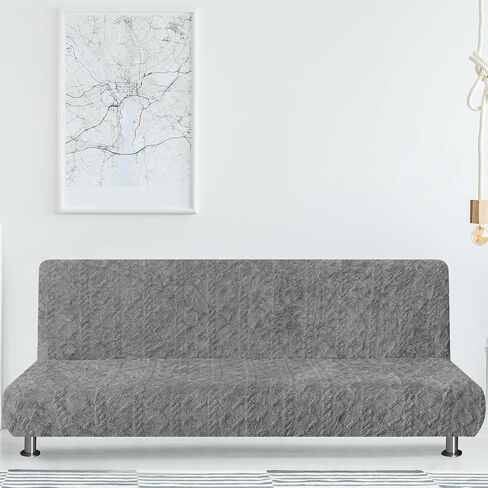 Armless Futon Cover Geometric Jacquard Plush Cover Stretch Sofa Bed Slipcover Furniture Protector Without Armrests with Elastic Bottom, Soft Jacquard Fabric Small Checks, Gray in Saudi Arabia