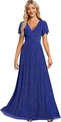 Ever-Pretty Women's V Neck Glitter Pleated Short Sleeves Floor Length A Line Formal Evening Dresses in Saudi Arabia
