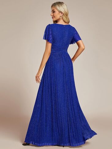 Ever-Pretty Women's V Neck Glitter Pleated Short Sleeves Floor Length A Line Formal Evening Dresses in Saudi Arabia