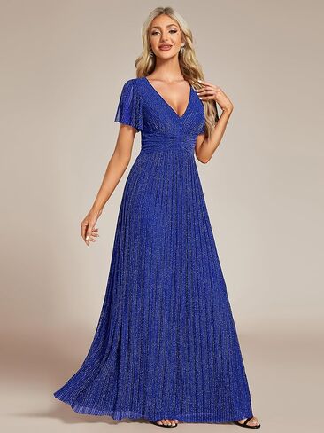 Ever-Pretty Women's V Neck Glitter Pleated Short Sleeves Floor Length A Line Formal Evening Dresses in Saudi Arabia