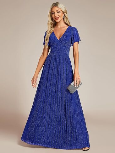 Ever-Pretty Women's V Neck Glitter Pleated Short Sleeves Floor Length A Line Formal Evening Dresses in Saudi Arabia