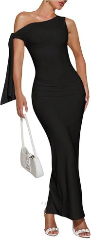 SOLY HUX Women's Off The Shoudler Bodycon Maxi Dress Asymmetrical Neck Bow Tie Cocktail Party Long Dresses in Saudi Arabia