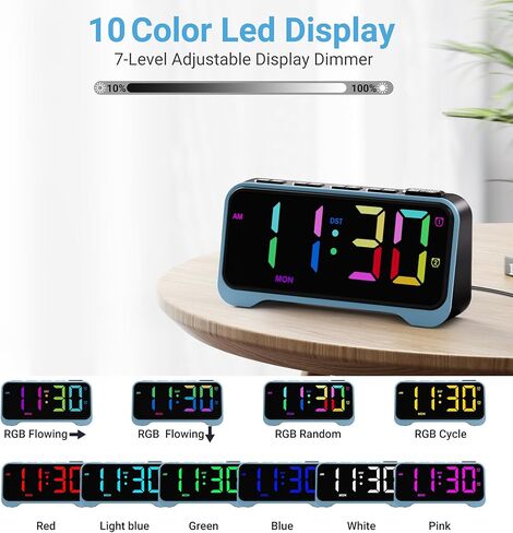 Pplee Loud Allor Clock للبالغين النائمون الثقيلون ، 10 RGB Dynamic Color مع شاشة كبيرة 6.5 بوصة للأطفال المراهقين ، على مدار الساعة الرقمية المزدوجة لغرف النوم ، عرض الأسبوع ، حجم قابل للتعديل ، باهت ، شاحن USB in Kuwait