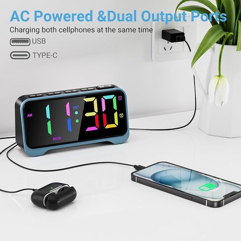 Pplee Loud Allor Clock للبالغين النائمون الثقيلون ، 10 RGB Dynamic Color مع شاشة كبيرة 6.5 بوصة للأطفال المراهقين ، على مدار الساعة الرقمية المزدوجة لغرف النوم ، عرض الأسبوع ، حجم قابل للتعديل ، باهت ، شاحن USB in Kuwait