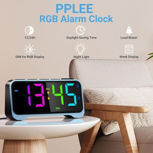 Pplee Loud Allor Clock للبالغين النائمون الثقيلون ، 10 RGB Dynamic Color مع شاشة كبيرة 6.5 بوصة للأطفال المراهقين ، على مدار الساعة الرقمية المزدوجة لغرف النوم ، عرض الأسبوع ، حجم قابل للتعديل ، باهت ، شاحن USB in Kuwait