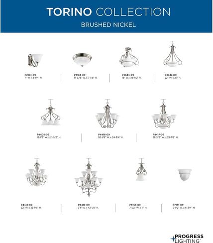 تقدم الإضاءة 5-Light المحفورة بالثريا الانتقالية ، مجموعة Torino ، داخلي ، P4416-09 ، النيكل المصقول بالفرشاة in Kuwait