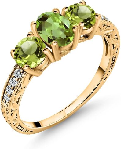 Gem Stone King 1.92 Cttw Green Peridot 18K Yellow Gold Plated Silver Ring | Gemstone Birthstone | Oval 7X5MM and Round 5MM | Available In Size 5, 6, 7, 8, 9 in Saudi Arabia