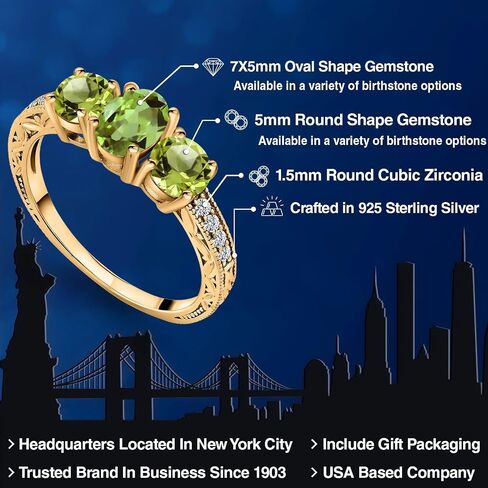 Gem Stone King 1.92 Cttw Green Peridot 18K Yellow Gold Plated Silver Ring | Gemstone Birthstone | Oval 7X5MM and Round 5MM | Available In Size 5, 6, 7, 8, 9 in Saudi Arabia