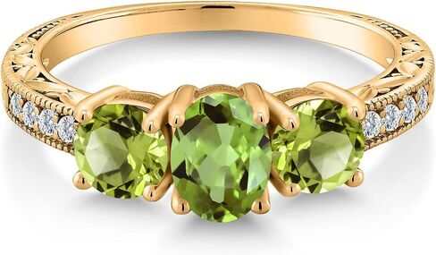 Gem Stone King 1.92 Cttw Green Peridot 18K Yellow Gold Plated Silver Ring | Gemstone Birthstone | Oval 7X5MM and Round 5MM | Available In Size 5, 6, 7, 8, 9 in Saudi Arabia