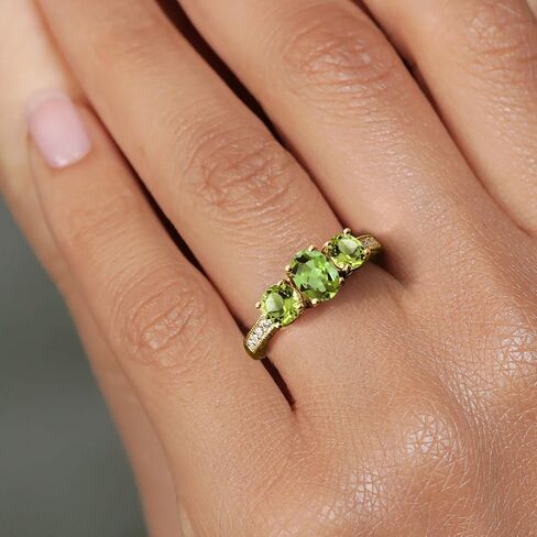 Gem Stone King 1.92 Cttw Green Peridot 18K Yellow Gold Plated Silver Ring | Gemstone Birthstone | Oval 7X5MM and Round 5MM | Available In Size 5, 6, 7, 8, 9 in Saudi Arabia