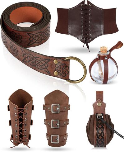 Ramede 6 Pcs Women Renaissance Accessories Medieval Leaf Leather Belt Pouch Viking Corset Belt Potion Bottle Leaf Arm Guards in Saudi Arabia