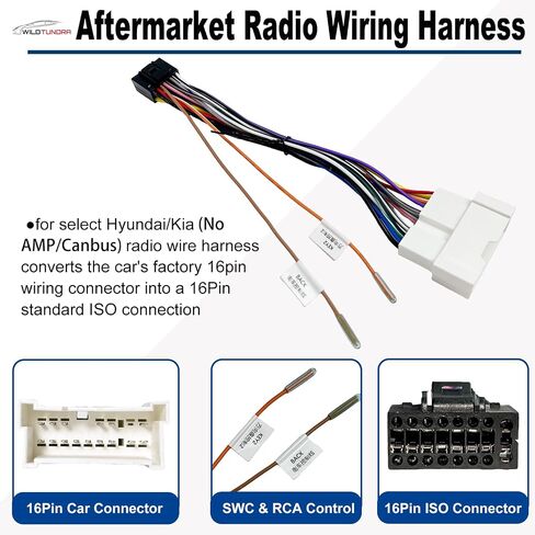 16Pin ISO Aftermarket Radio Harness Adapter for Hyundai 2015-2020 KIA 2016-2020, 16Pin Android Car Stereo Wiring Harness with SWC Reverse RCA Input Cable for Elantra Tucson Sonata K2 K3 K4 in Saudi Arabia