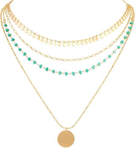 MINACHI Vintage Boho Multi-Layered Chain Choker Dainty Necklace with Created Turquoise Bead and Coin Pendant, Boho Fashion Statement Jewelry Gift for Women in Saudi Arabia