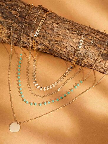 MINACHI Vintage Boho Multi-Layered Chain Choker Dainty Necklace with Created Turquoise Bead and Coin Pendant, Boho Fashion Statement Jewelry Gift for Women in Saudi Arabia