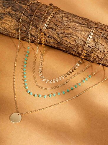 MINACHI Vintage Boho Multi-Layered Chain Choker Dainty Necklace with Created Turquoise Bead and Coin Pendant, Boho Fashion Statement Jewelry Gift for Women in Saudi Arabia