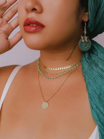 MINACHI Vintage Boho Multi-Layered Chain Choker Dainty Necklace with Created Turquoise Bead and Coin Pendant, Boho Fashion Statement Jewelry Gift for Women in Saudi Arabia