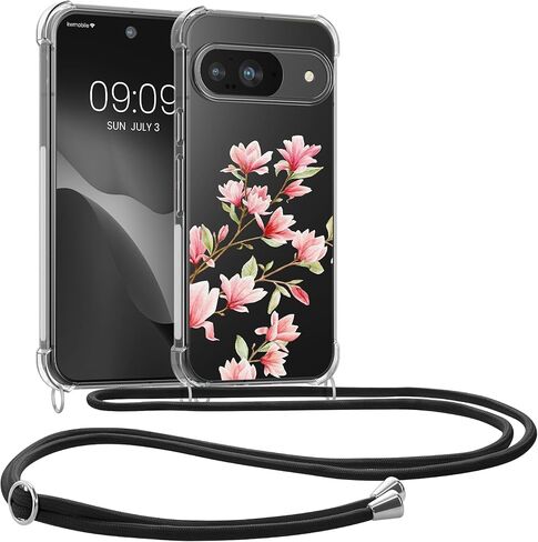 kwmobile Crossbody Case Compatible with Google Pixel 9 / Pixel 9 Pro Case Strap - Cherry Blossoms Pink/Dark Brown/Transparent in Saudi Arabia